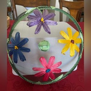 Picnic Outdoor Food Saver Black Mesh Dome Flowers Handmade Food Plate Cover